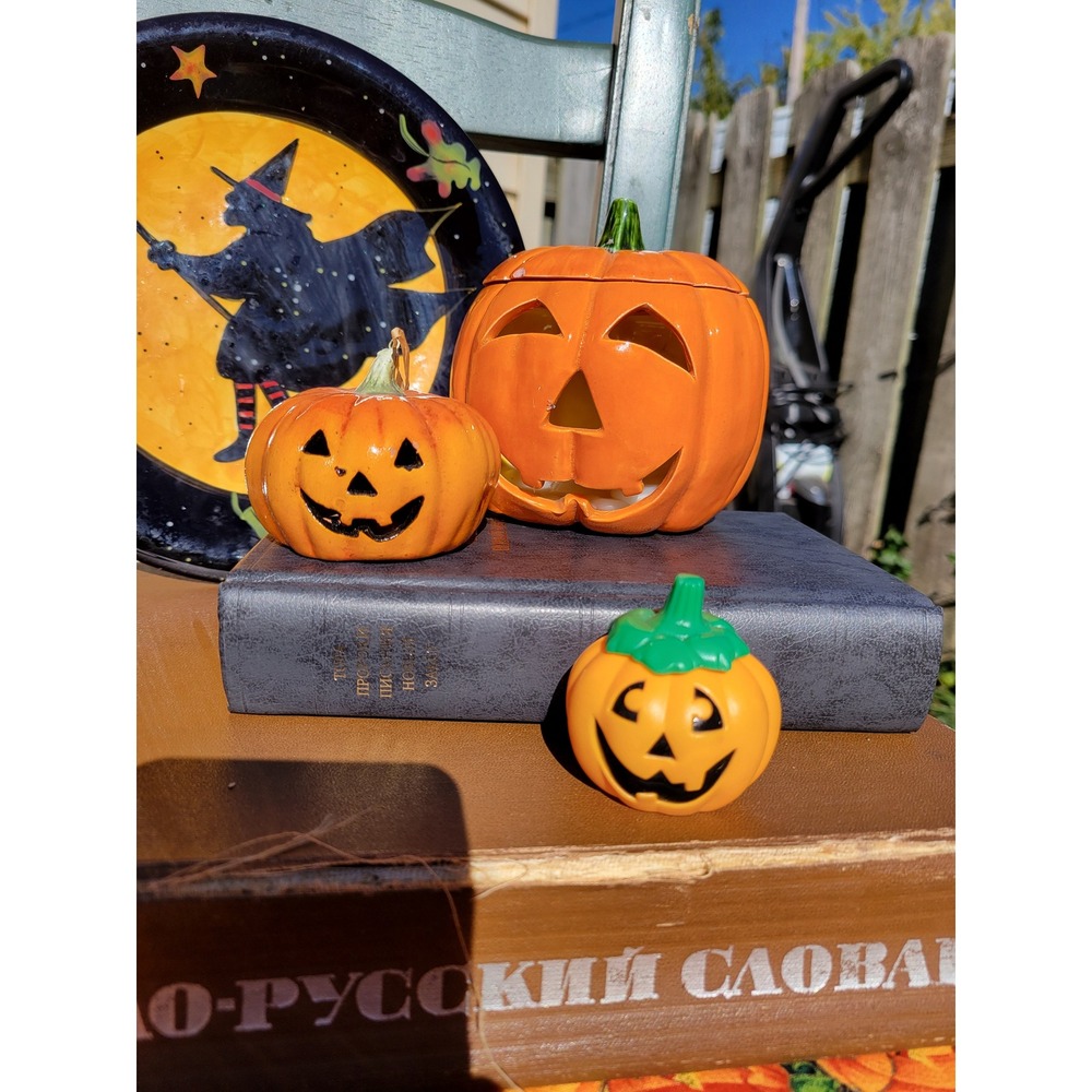 Halloween Jack-o'-Lantern Trio | Pumpkin Decor with Vintage Plastic Mini